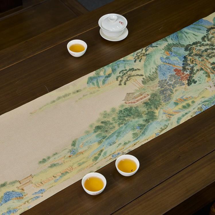 爱奇葩 仇英浔阳送别图桌旗新中式禅意茶席高端防水茶旗茶桌垫布