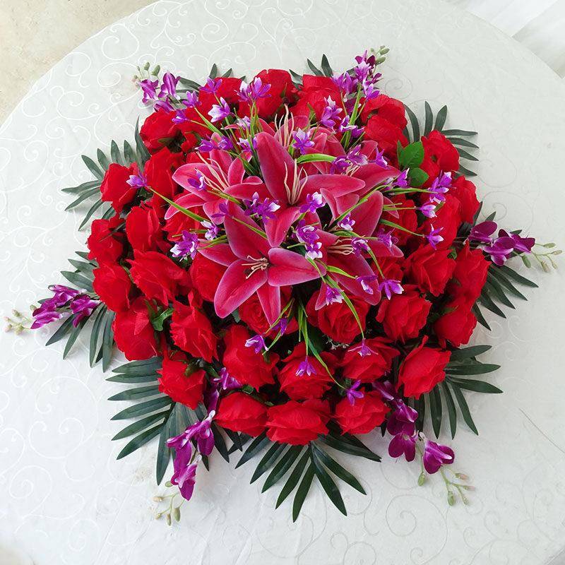 大圆桌中间摆花酒店餐桌装饰花圆桌电动转盘花仿真花塑料摆件绢花