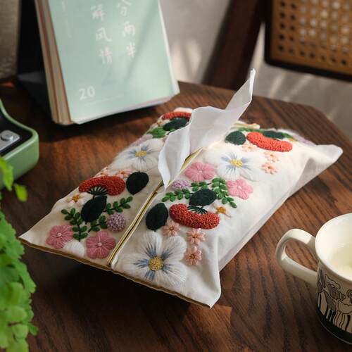 9WOR春季新品 复古花朵刺绣diy布艺手工纸巾袋抽纸收纳材料包纸巾