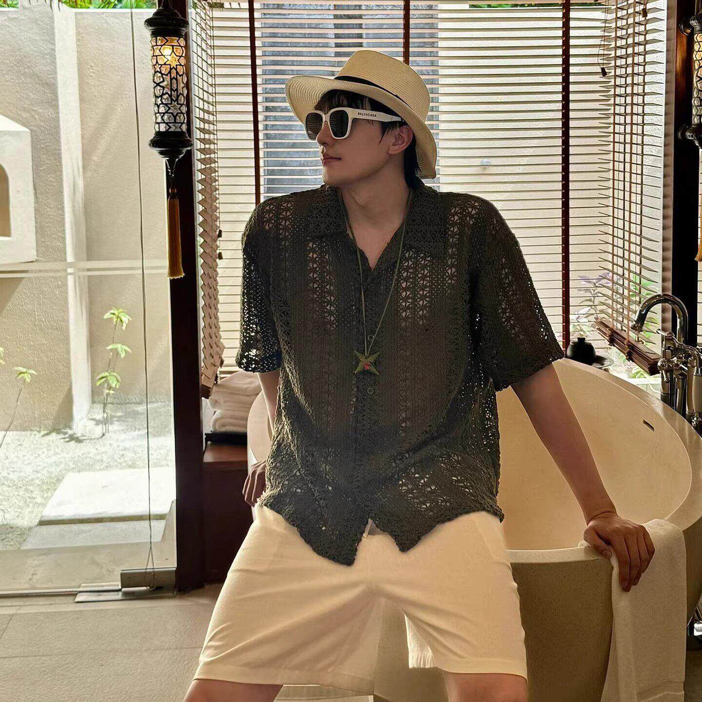 潮牌老钱风镂空针织衫男春夏季薄款宽松休闲度假风海边翻领衬衣潮