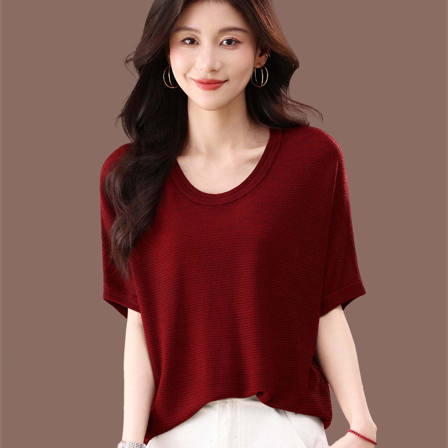 桑蚕丝蝙蝠袖T恤女2026夏季薄款宽松显瘦低圆领短袖体恤洋气上衣