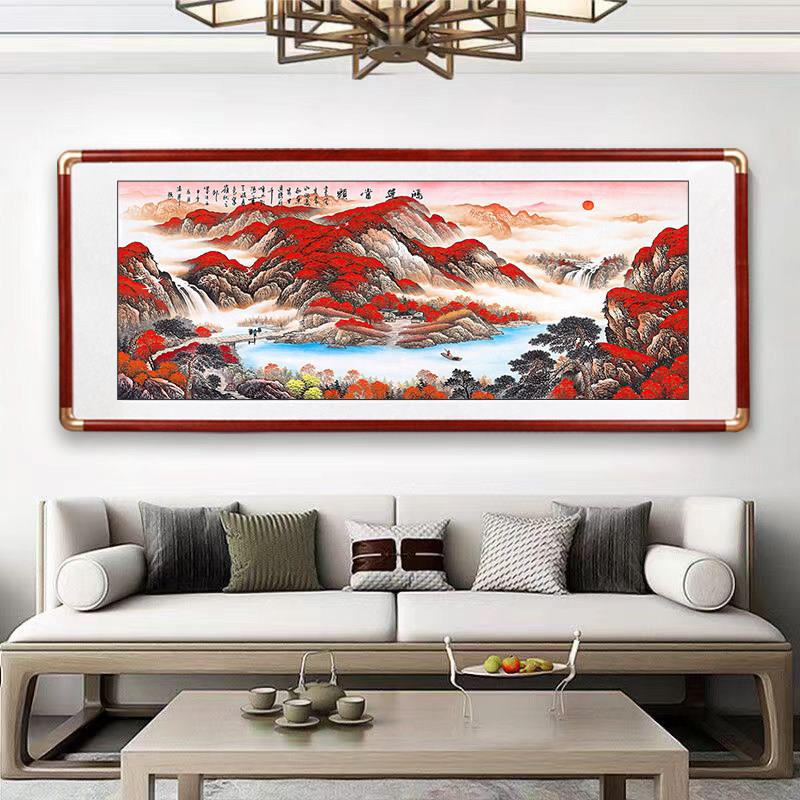 鸿运当头客厅山水国画新中式装饰画办公室挂画背后有靠山风水画