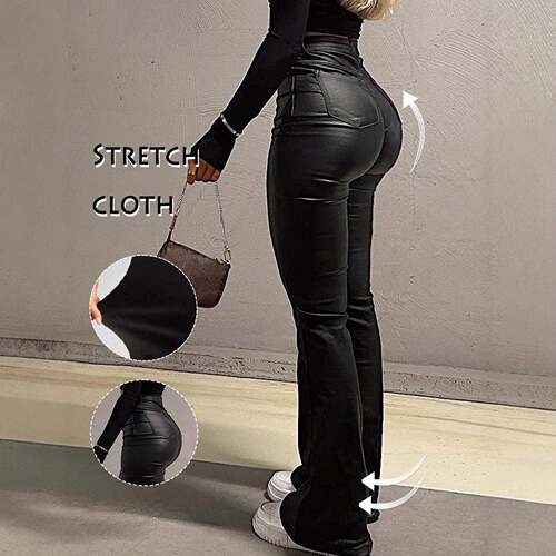 Women Plain Button Fly Flare Leg Leggings Pants Casual