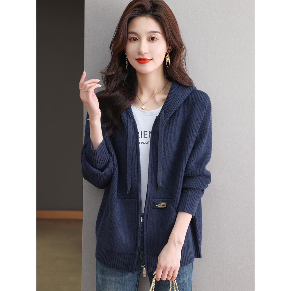 加码春季和秋季超大码连帽运动衫女性宽松2025新羊毛针织开衫加脂