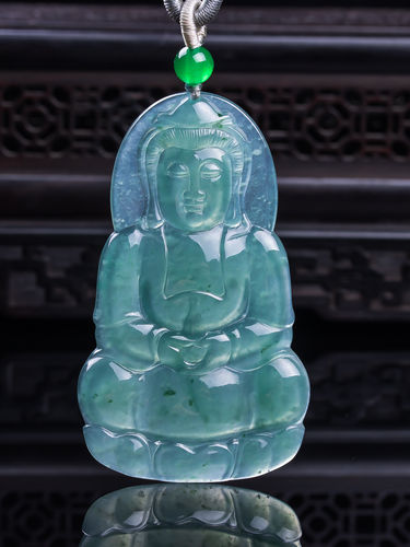 天然真品翡翠高冰种蓝水天空蓝满色高端精品闪拍观音玉吊坠17.54g