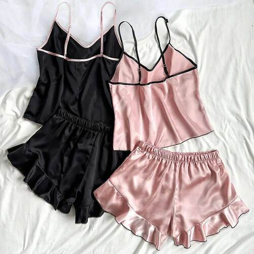 Women's Smooth Satin Pajamas V-Neck T-Shirt Ruffled Edge