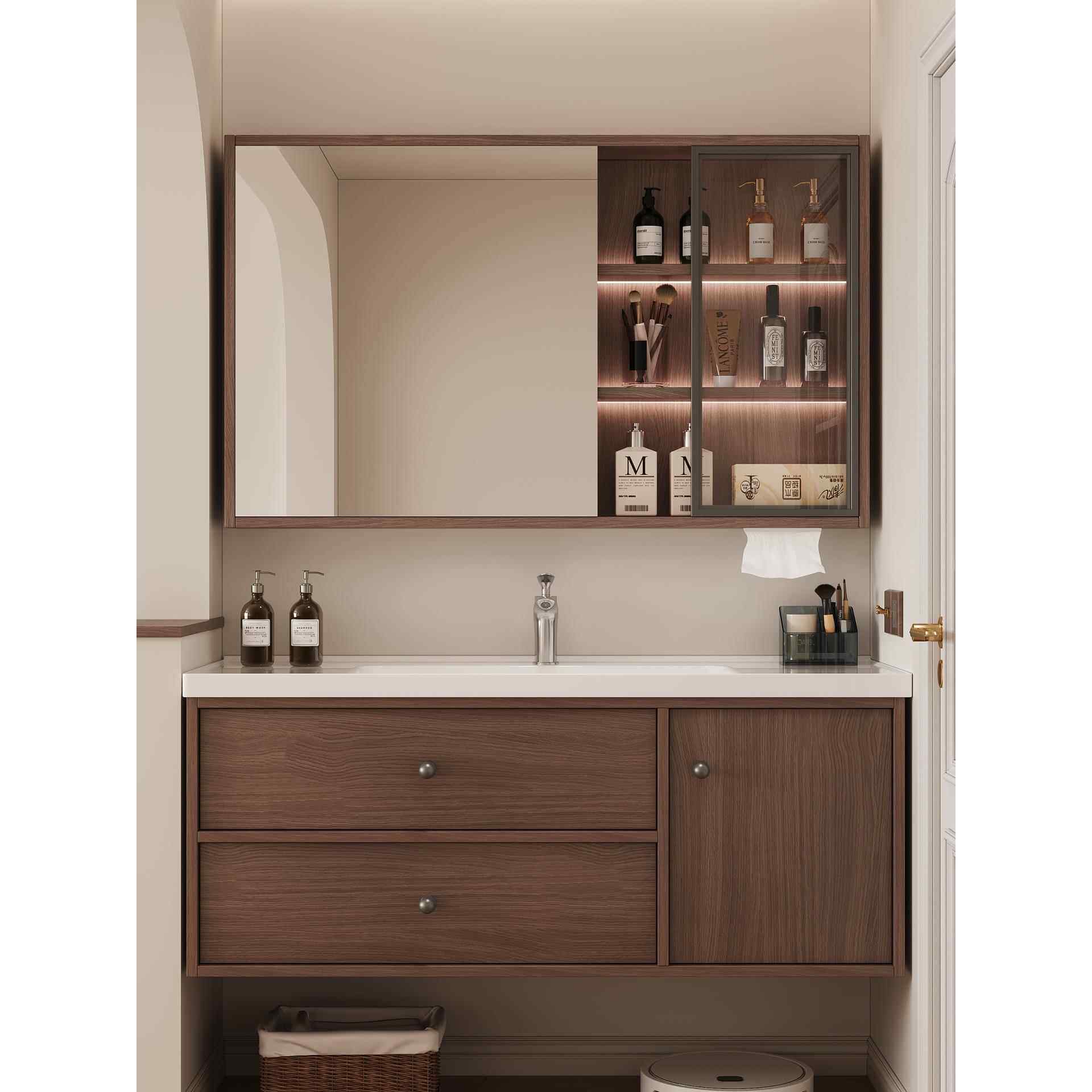 胡桃木中古风浴室柜陶瓷一体盆卫生间洗手洗脸盆柜洗漱台新款实木