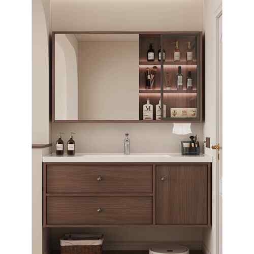 胡桃木中古风浴室柜陶瓷一体盆卫生间洗手洗脸盆柜洗漱台新款实木