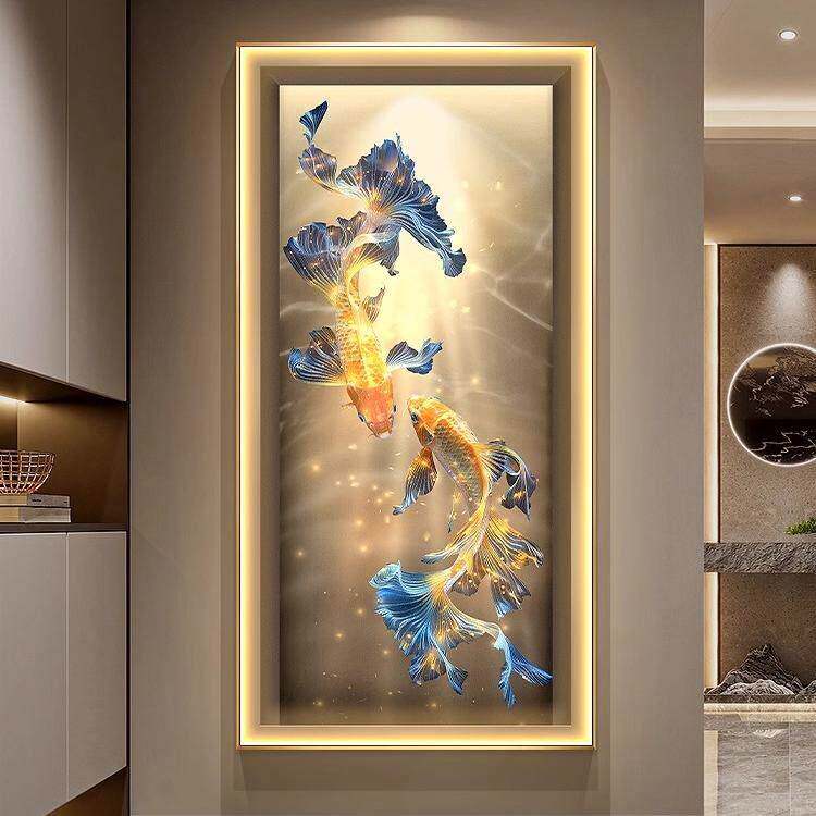 轻奢金色锦鲤玄关装饰画走廊过道竖版带灯挂画进门入户正对墙壁画