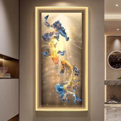 轻奢金色锦鲤玄关装饰画走廊过道竖版带灯挂画进门入户正对墙壁画