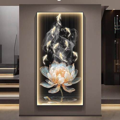荷气生财玄关装饰画 画荷花九鱼图入户进门带灯壁画 画高档走廊过