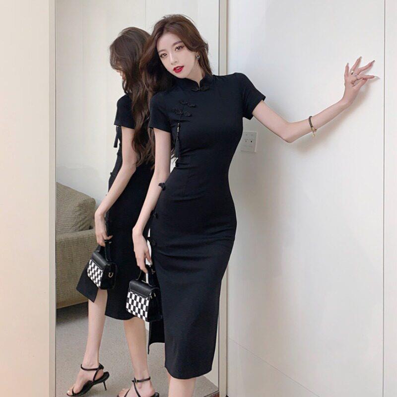 夏季舞蹈主播服装女气质修身国风覆古改良旗袍黑色长版开叉洋装