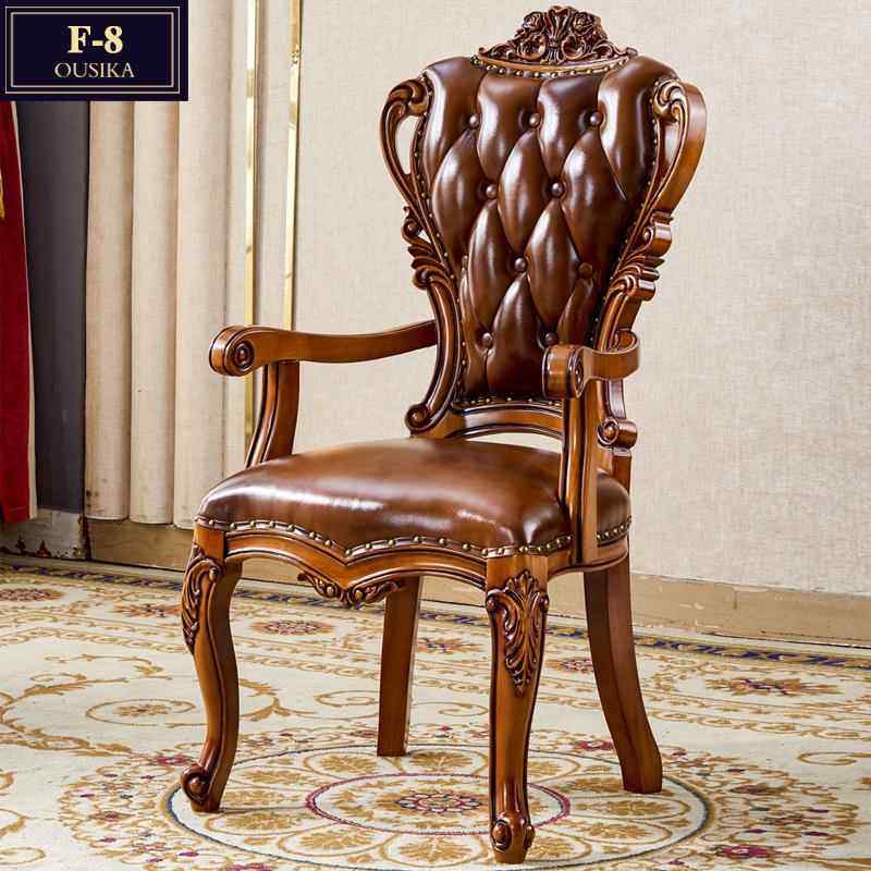 高档欧式茶台椅 式实木雕花背真皮主人美椅子茶泡茶喝椅凳靠休闲