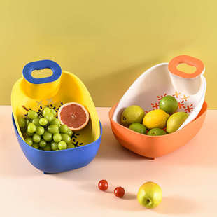 厨房洗菜盆篮 家用创意可爱造型塑料双层撞色沥水篮 客厅水果篮