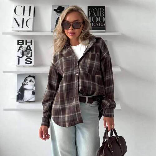 Checkered shirt lazily layered shirt jacket women's long