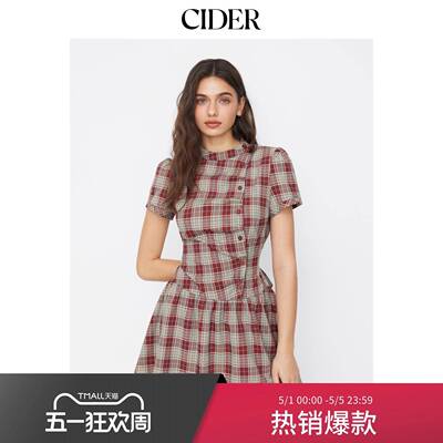 CIDER美式格纹翻领泡泡袖系带迷你洋装114992258