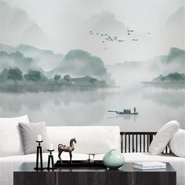 中式意境水墨抽象淡雅山水沙发背景墙纸壁布房壁画锦麻
