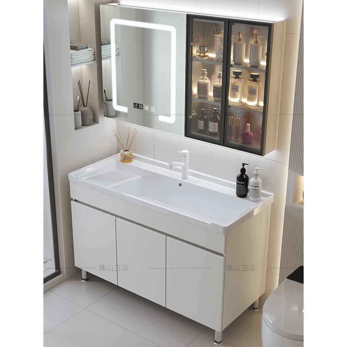 304不锈钢蜂窝铝落地浴室柜组合搓衣板一体陶瓷盆洗脸洗漱台盆柜