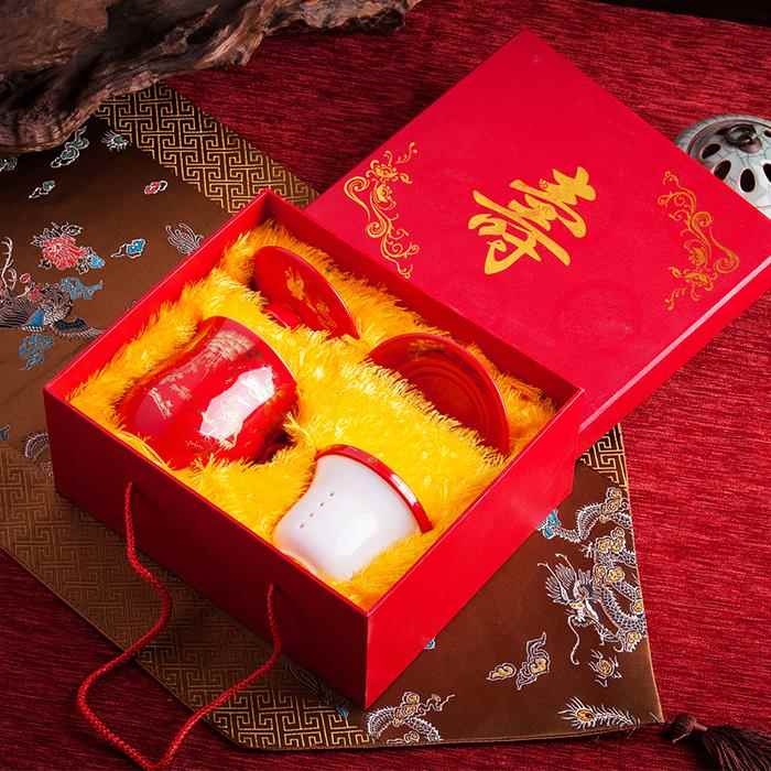 景德镇红黄陶瓷茶水分离过滤杯套装老人长辈生日寿宴贺寿礼品烧字