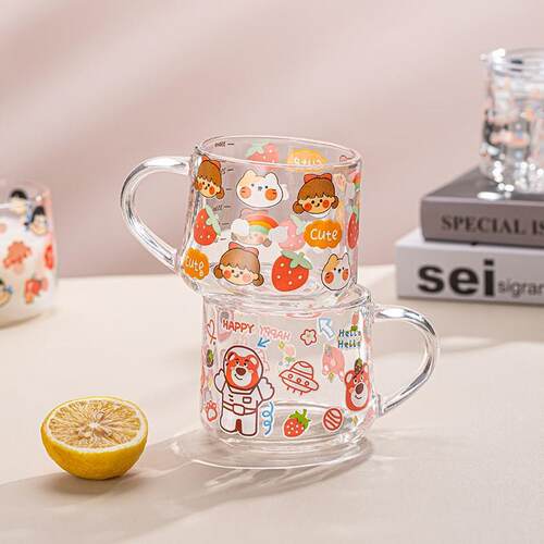 儿童玻璃牛奶刻度杯ins卡通刻度吸管牛奶早餐杯盖勺把手防烫耐热