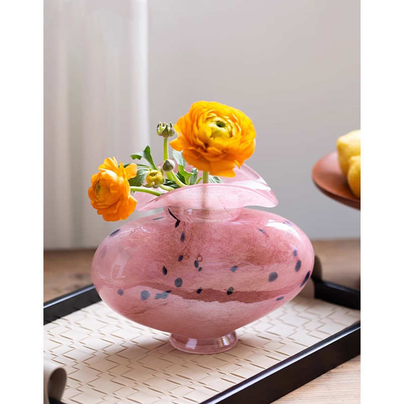 法式中古琉璃花瓶摆件轻奢高级感点点粉色客厅桌面插花装饰品摆设