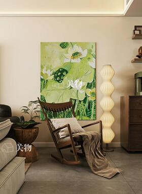 绿色荷花叶子手绘油画餐桌客厅装饰画新中式禅意莲花茶室玄关挂画
