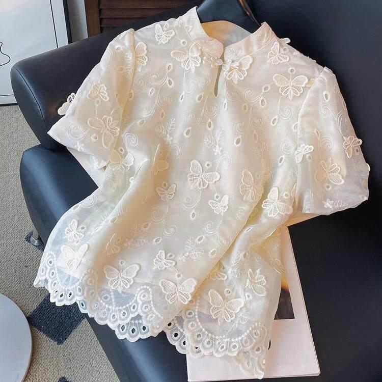 潮牌大码式复古设计感杏色衬衫女纯色夏季短袖圆领百搭上衣新款