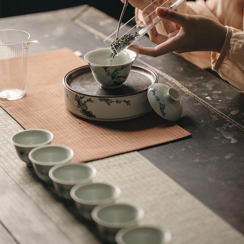 拟古古青手绘青花盖碗功夫茶具泡茶碗手工薄胎不烫手敬茶碗泡茶碗