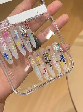 纯手工穿戴甲新款彩钻克罗星十字架冰透乳白渐变美甲纯欲显白可拆