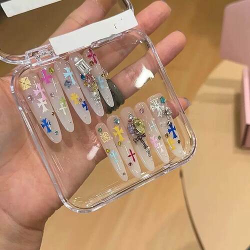 纯手工穿戴甲新款彩钻克罗星十字架冰透乳白渐变美甲纯欲显白可拆