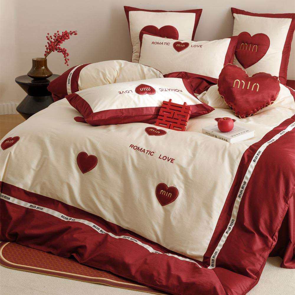 浪漫婚庆澳棉四件套立体爱心贴布绣被套全棉结婚床上用品