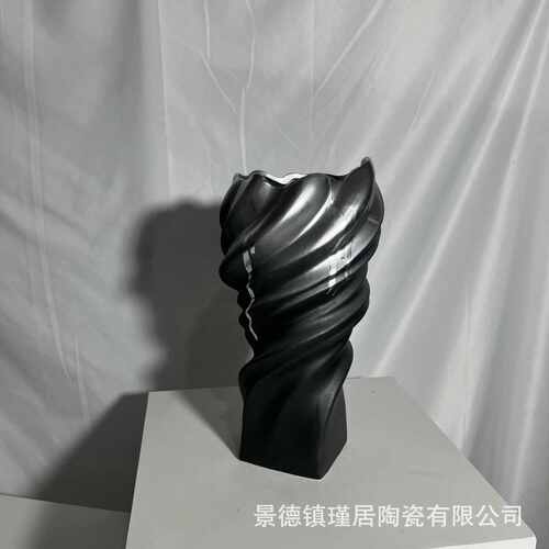厂家直销创意黑色花瓶银色流釉软装家居艺术摆件 玄关客厅桌面水