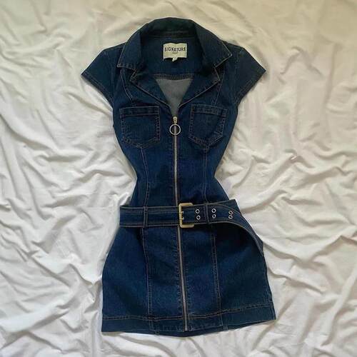 Retro sweet hot girl denim dress summer waist slimming hip