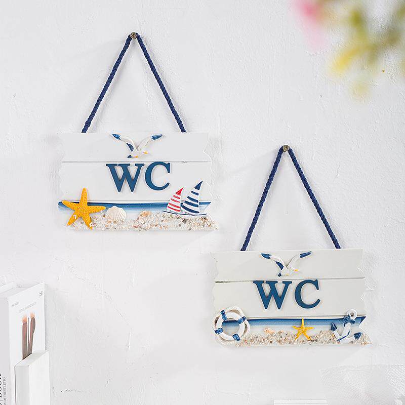 地中海风格WC挂牌卫生间指示牌装饰 手工做旧创意海洋风厕所门牌