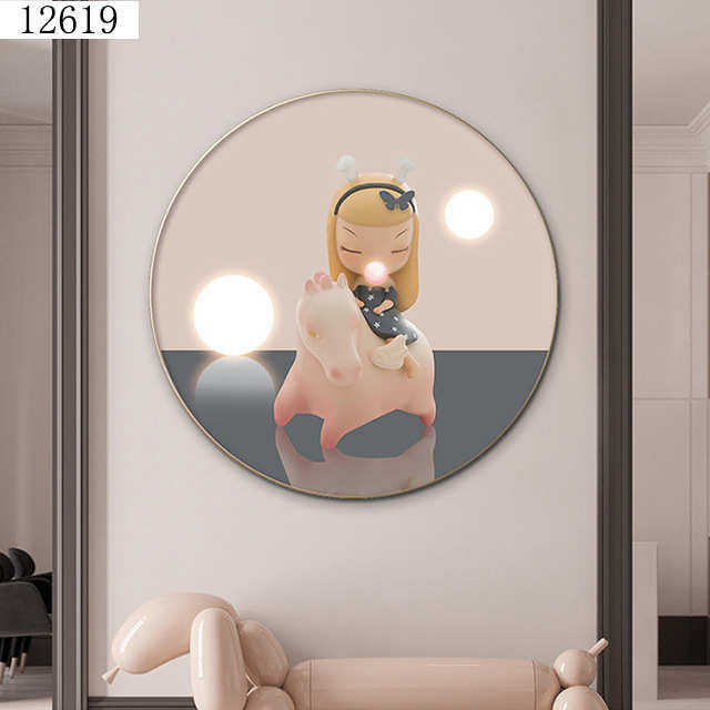 儿童房装饰画北欧简约粉色卡通超萌床头画可爱少女心卧室圆形挂画