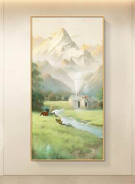 日照金山玄关挂画入户客厅走廊装饰画现代轻奢竖版过道壁画有框画