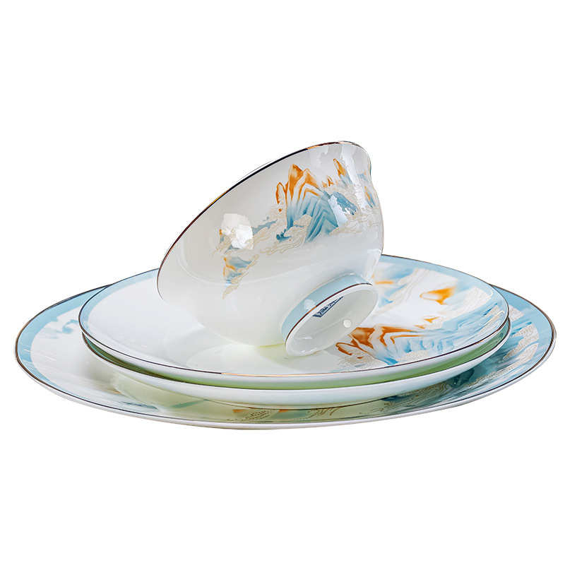 骨瓷餐具碗碟套装家用景德镇新中式陶瓷碗盘碟子组合全套礼品批发