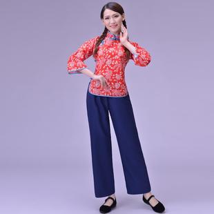 高档采阿茶女服演演出服装 秧歌民族舞蹈服庆嫂出服村姑碎花表演服