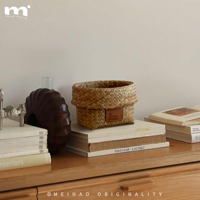日式ins天然海草手工编织收纳筐厨房姜蒜篮椭圆桌面储物篮化妆