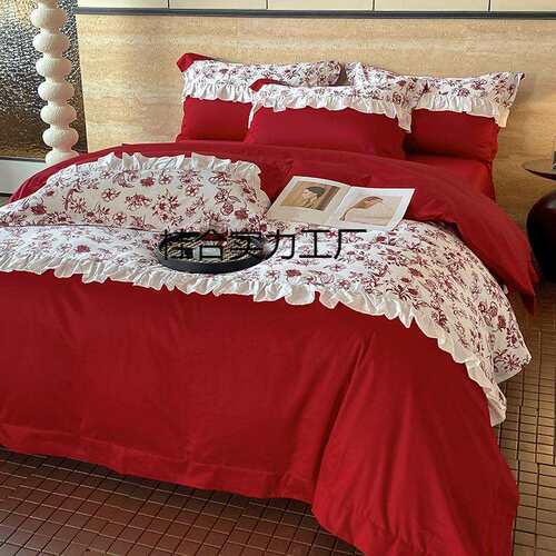 法式100婚嫁长绒棉结婚四件套红色被套新婚庆床上用品婚房三件套