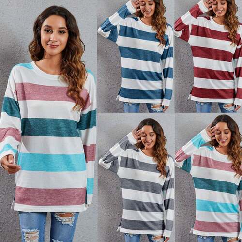 Size】 Colorblock Split Hem T-shirt Casual Long Sleeve Crew