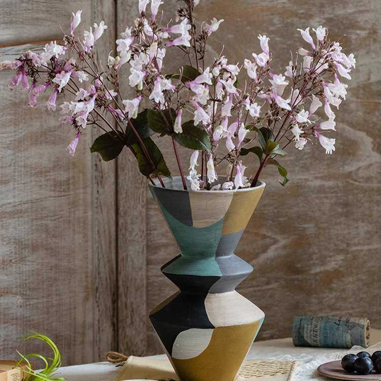莫兰迪花瓶摆件客厅干花插花装饰品红陶几何北欧风花器现代