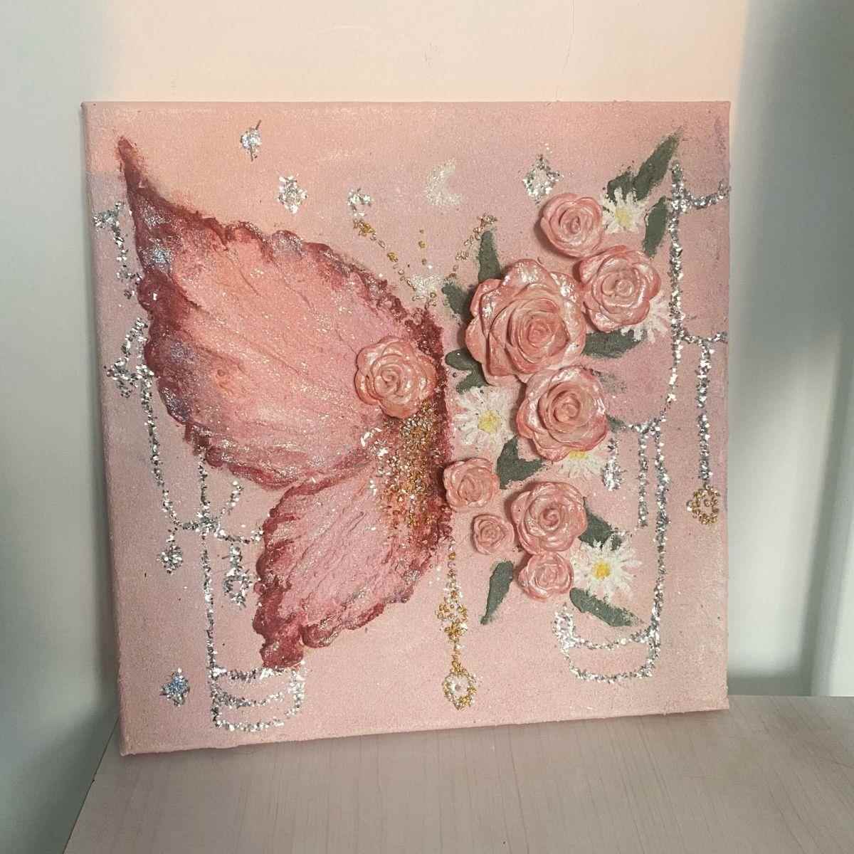 蝴蝶肌理画手绘来图定制客厅装饰画沙发丙烯立体砂画成品发货花卉图片
