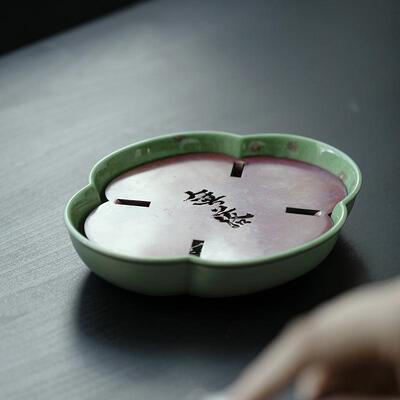 棠果青片釉下彩手绘雏菊海茶CJGQ-001壶承带铜蓄水盘干泡小茶台功