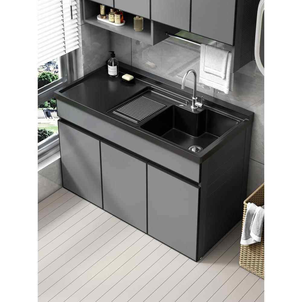 太空铝洗衣柜脸盆一体组合洗衣池阳台家用带搓板石英石单台槽切角