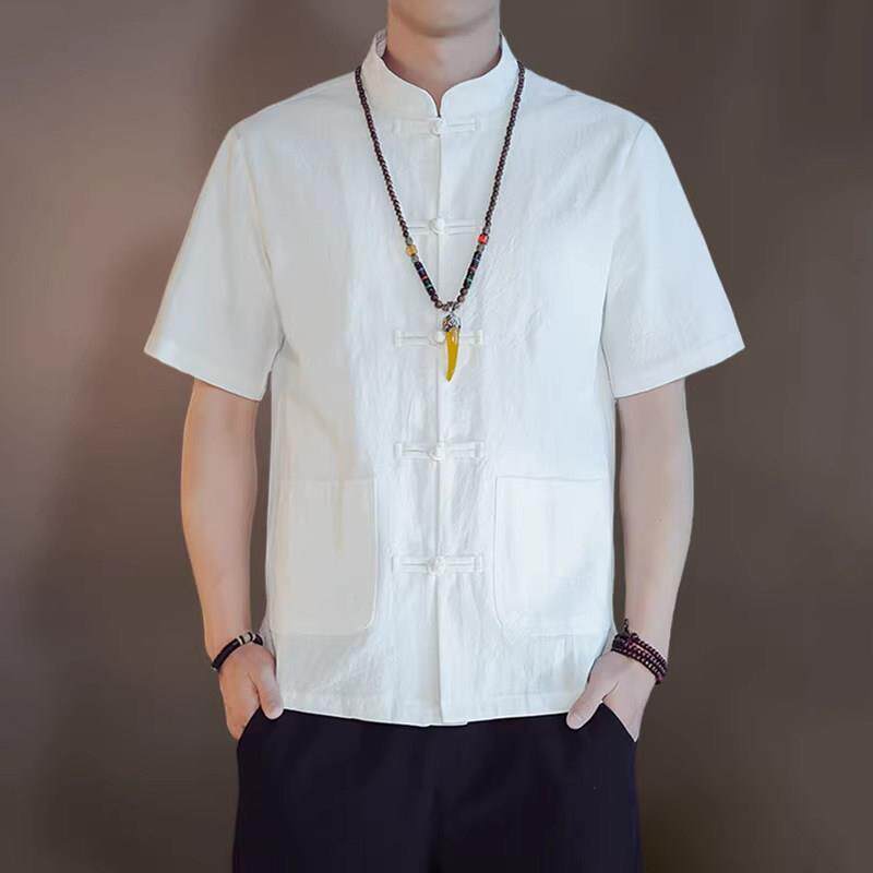 原棉部落 新中式短袖衬衫男夏季款纯棉立领唐装男士复古盘扣上衣