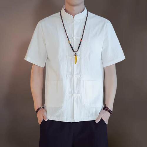原棉部落 新中式短袖衬衫男夏季款纯棉立领唐装男士复古盘扣上衣