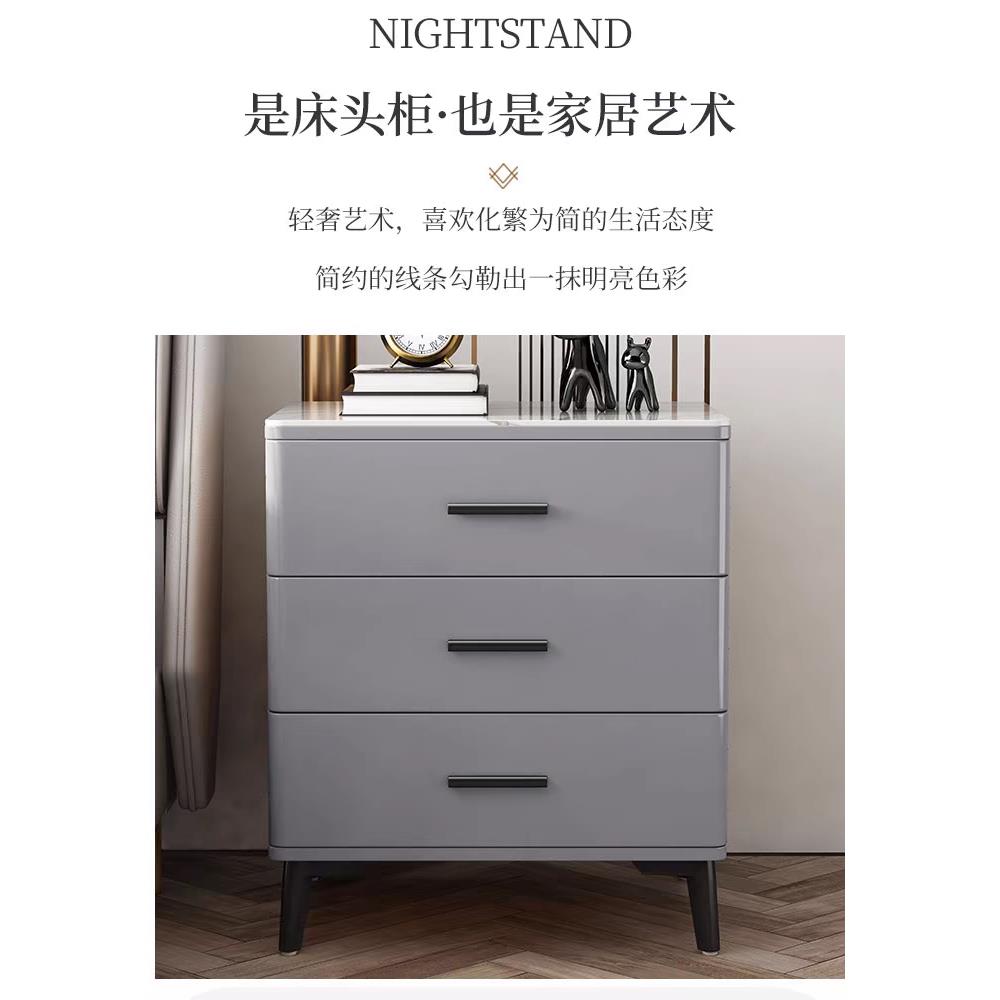 轻奢约全实木YG床烤柜三抽屉岩板简现代加高三层主卧收纳头柜漆工