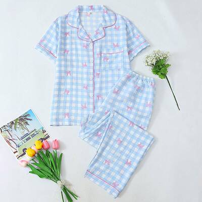 Women Sleeve Pants Open Front Sleepwear Set Grid Color Heart