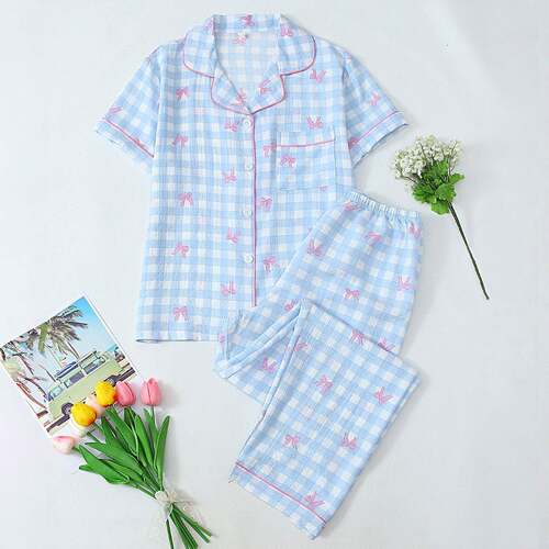 Summer Women Pajama Set 2 Sleeve Pants Lapel Casual Wear